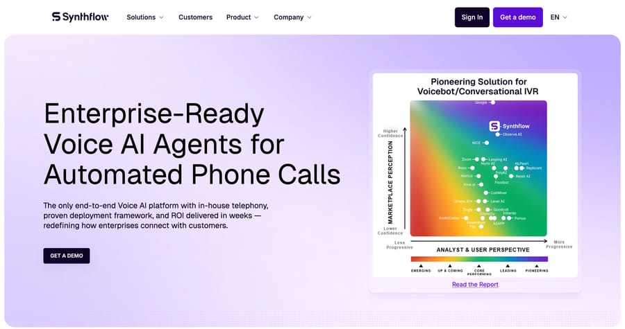 Synthflow homepage, Sept 19, 2026: 'Enterprise-Ready Voice AI Agents' headline and a Get a demo button