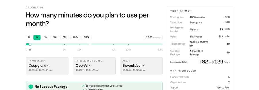 Vapi's calculator, Sept 19, 2026: 1,000 minutes with Deepgram, OpenAI and ElevenLabs is $82–$129