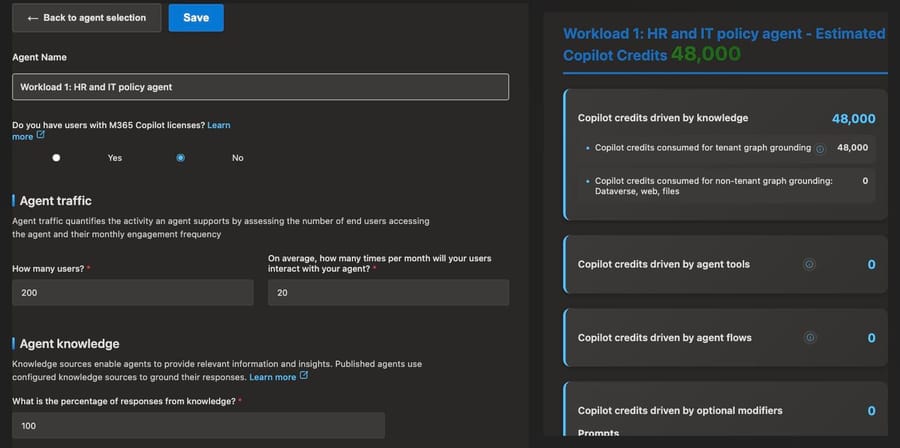 Copilot Credit Estimator, Sep 19, 2026: 200 unlicensed users, 20 questions each, 48,000 credits
