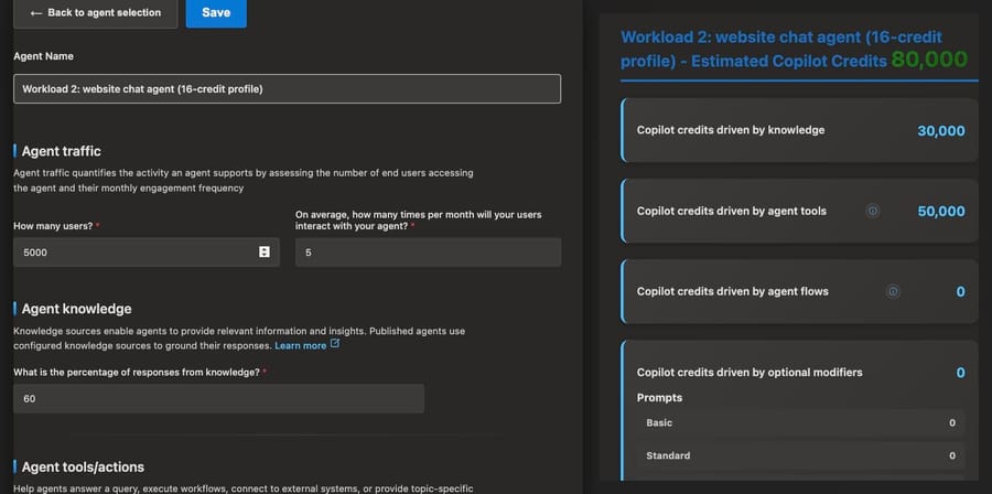 Copilot Credit Estimator, Sep 19, 2026: 5,000 chats, 60% knowledge answers, one tool, 80,000 credits