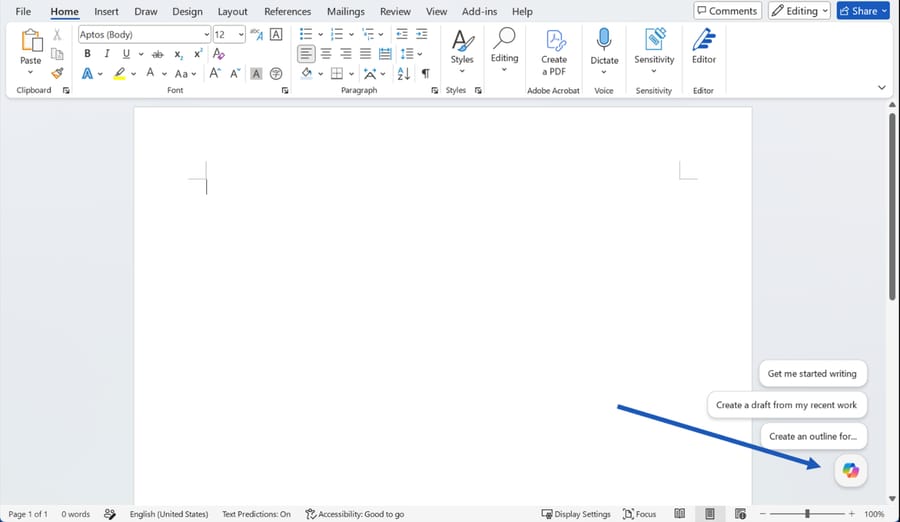 Copilot in Word (Microsoft Support): the Copilot button on a blank page offering to draft from recent work