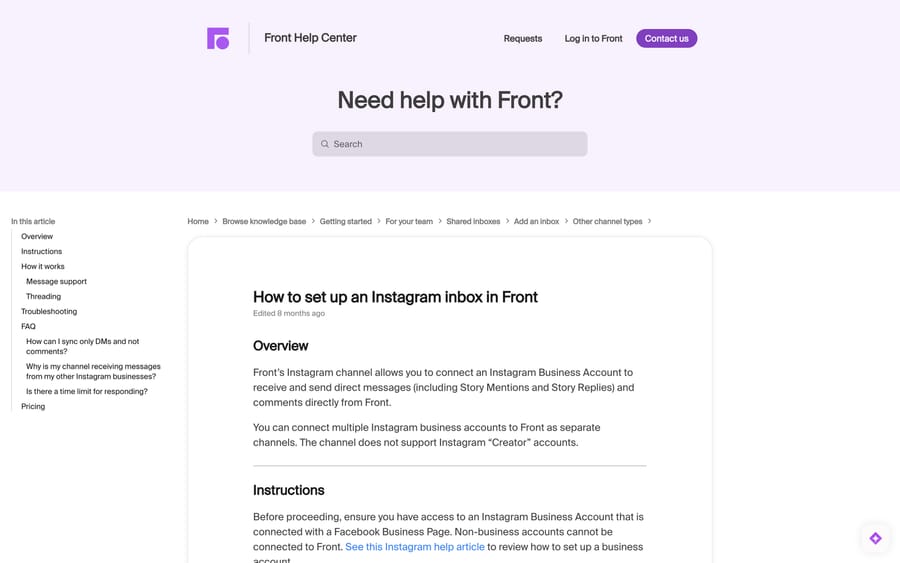 Front's help article "How to set up an Instagram inbox in Front", showing its Overview and Instructions sections