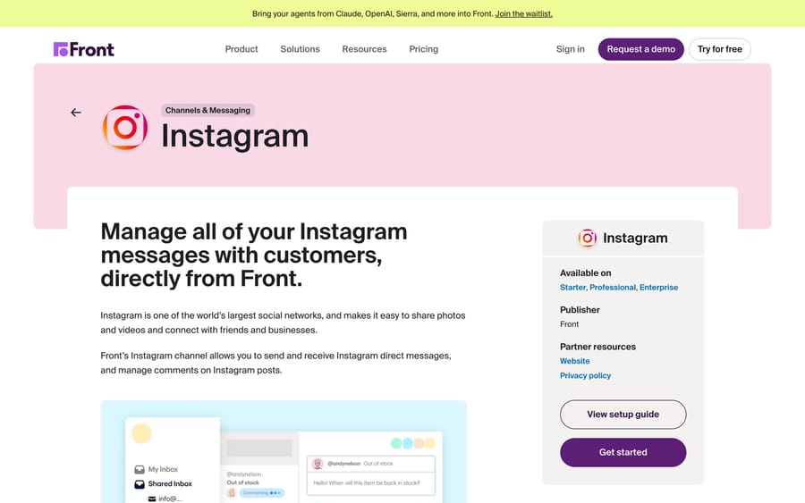 Front's Instagram integration page, with the "Available on Starter, Professional, Enterprise" plan line