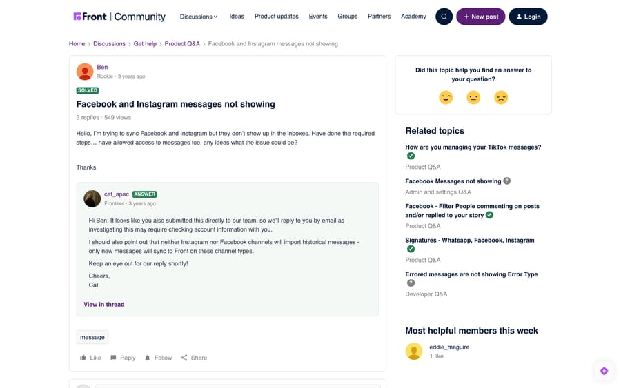 Front community thread "Facebook and Instagram messages not showing", marked SOLVED, with Front's answer
