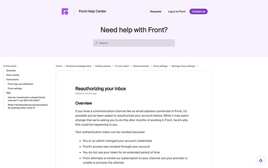 Front's "Reauthorizing your inbox" article listing the four reasons an authentication token gets revoked