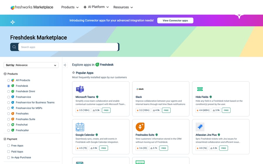Freshdesk Marketplace with the Products, Payment and Categories filters and popular app install counts