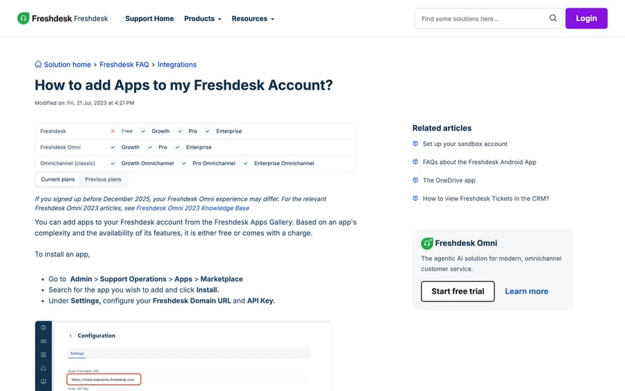 Freshworks support doc showing the install path Admin > Support Operations > Apps > Marketplace and the plan matrix