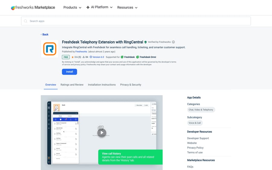 The RingCentral telephony extension listing on the Freshworks Marketplace showing 84 installs and version 6.0