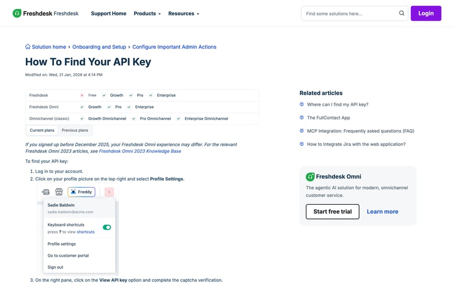 Freshworks support article showing the plan matrix and the Profile Settings path to the Freshdesk API key