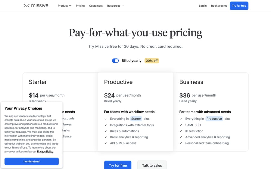 Missive's pricing page showing Starter $14, Productive $24 and Business $36 per user per month