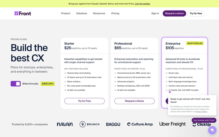 Front's pricing page showing Starter $25, Professional $65 and Enterprise $105 per seat per month billed annually