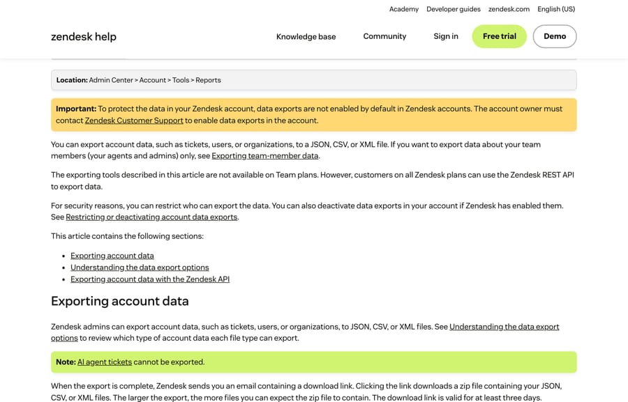 Zendesk's export doc: the Admin Center path, the note that exports are off by default, and the Team-plan exclusion