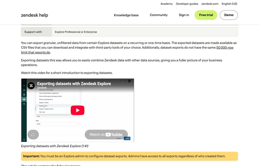 Zendesk's dataset export doc: the Explore Professional gate and the note that datasets skip the 50,000-row limit