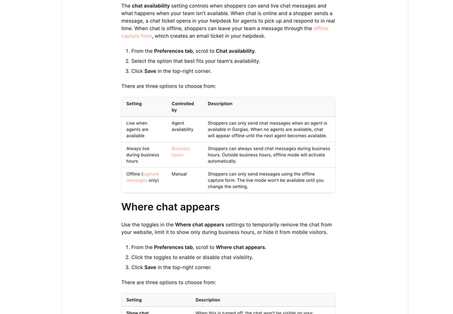Gorgias docs table of the three chat availability options and what controls each one