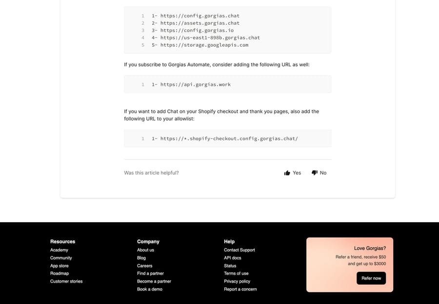 Gorgias allowlist doc listing config.gorgias.chat, assets.gorgias.chat, config.gorgias.io and the Shopify checkout domain