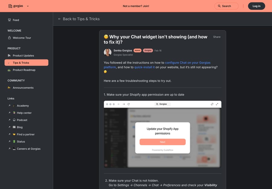 Gorgias community post listing the chat widget troubleshooting steps, starting with Shopify app permissions