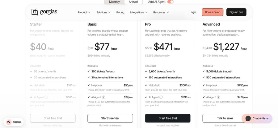 Gorgias pricing cards showing helpdesk and AI Agent as separate line items with ticket and interaction allowances