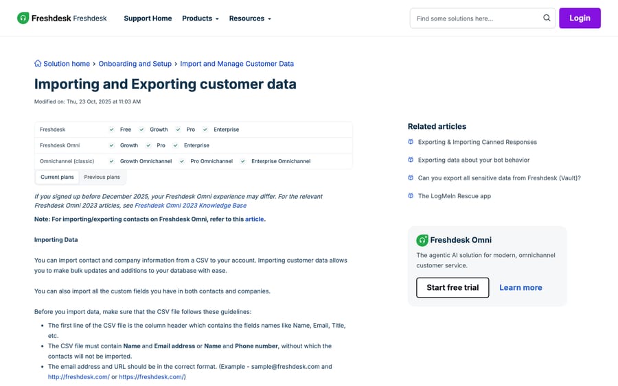 Freshworks support article on importing customer data, showing the plan matrix and the CSV column rules