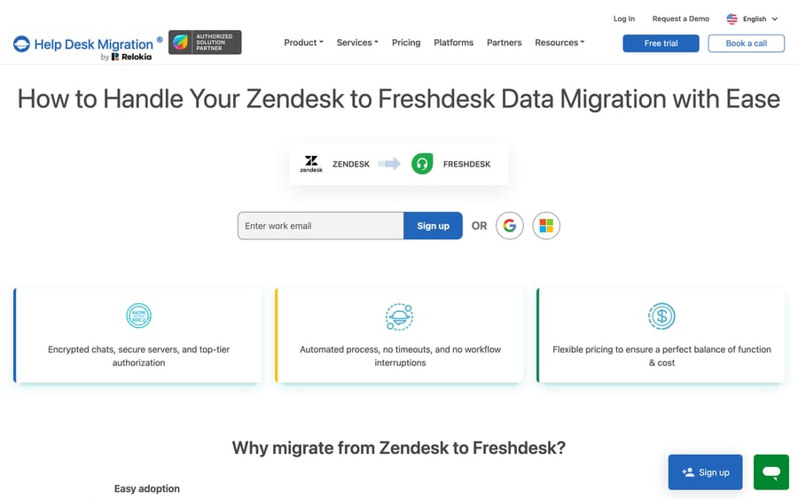 The Help Desk Migration page with the Zendesk to Freshdesk direction selected, showing the signup wall before the wizard