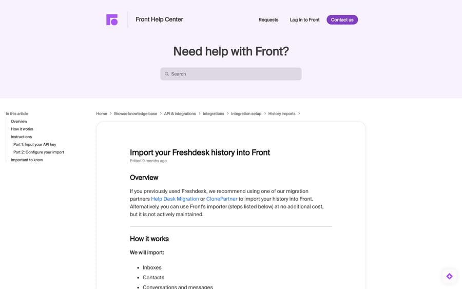 Front's help article "Import your Freshdesk history into Front", recommending migration partners over its own importer