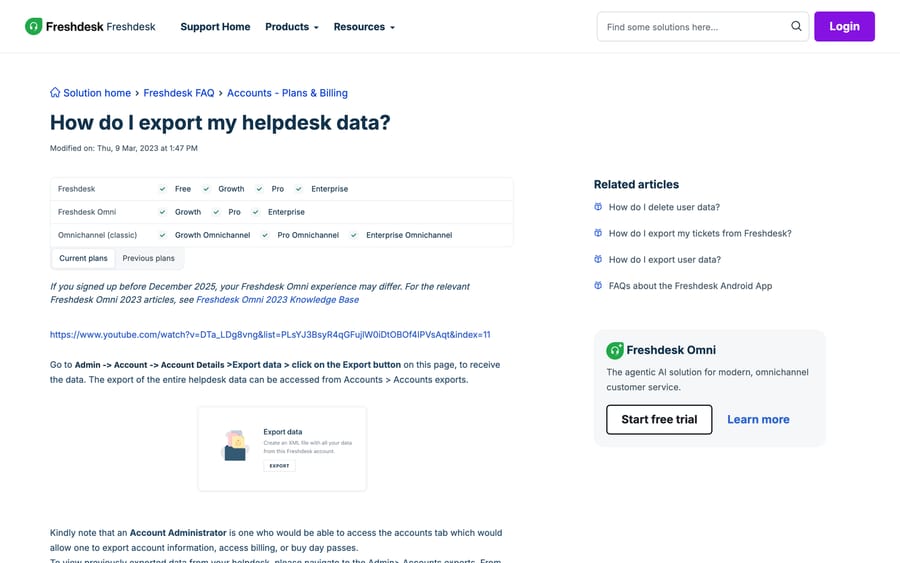 Freshdesk's "How do I export my helpdesk data?" article showing the Admin to Account Details to Export data path