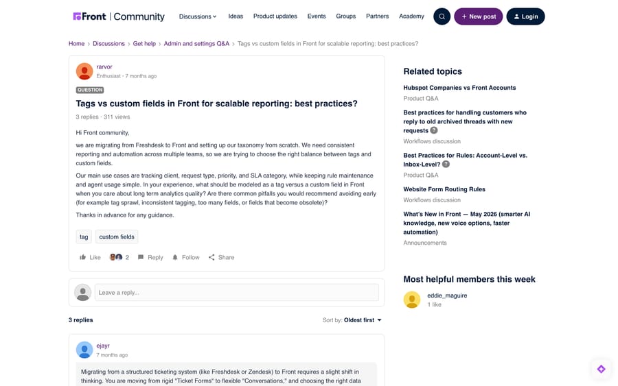 Front community thread "Tags vs custom fields in Front for scalable reporting", asked by a team migrating from Freshdesk