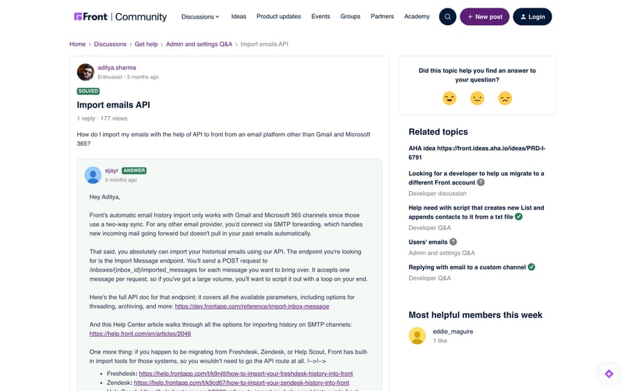 Front community thread "Import emails API" with the imported_messages endpoint answer
