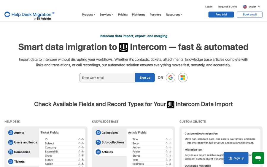 Help Desk Migration's Intercom page listing help desk, knowledge base and custom object record types