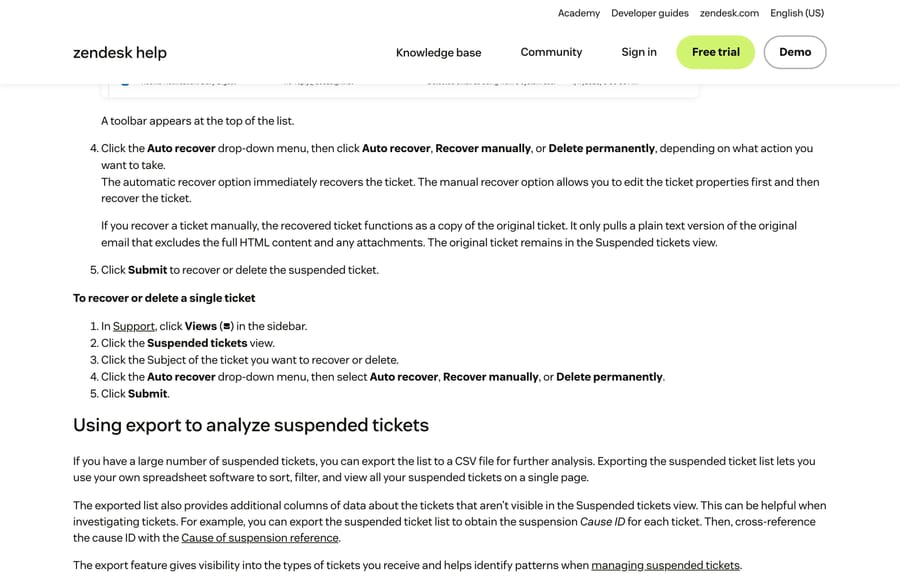 Zendesk's recovery documentation warning that a manual recovery creates a plain-text copy and leaves the original suspended
