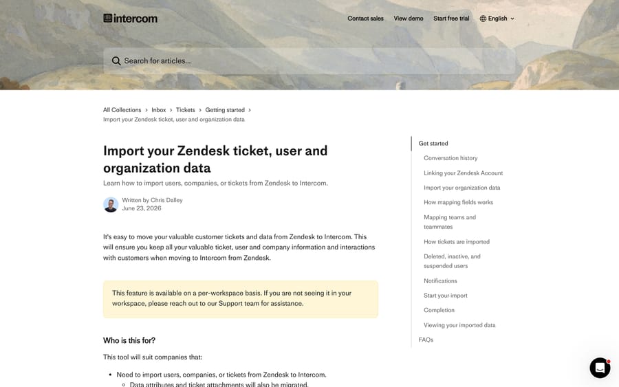 Intercom help article "Import your Zendesk ticket, user and organization data", dated June 23 2026