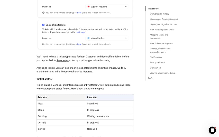 Intercom's Zendesk-to-Intercom ticket state mapping table and the customer vs back-office ticket type step