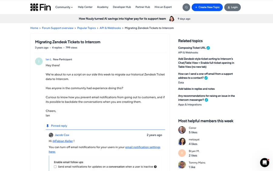 Intercom community thread from 2023 asking how to prevent notifications and whether conversations can be backdated