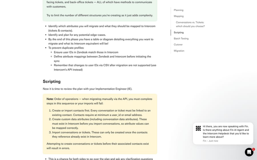 Intercom's historical data migration guide showing the required order of operations for an API migration