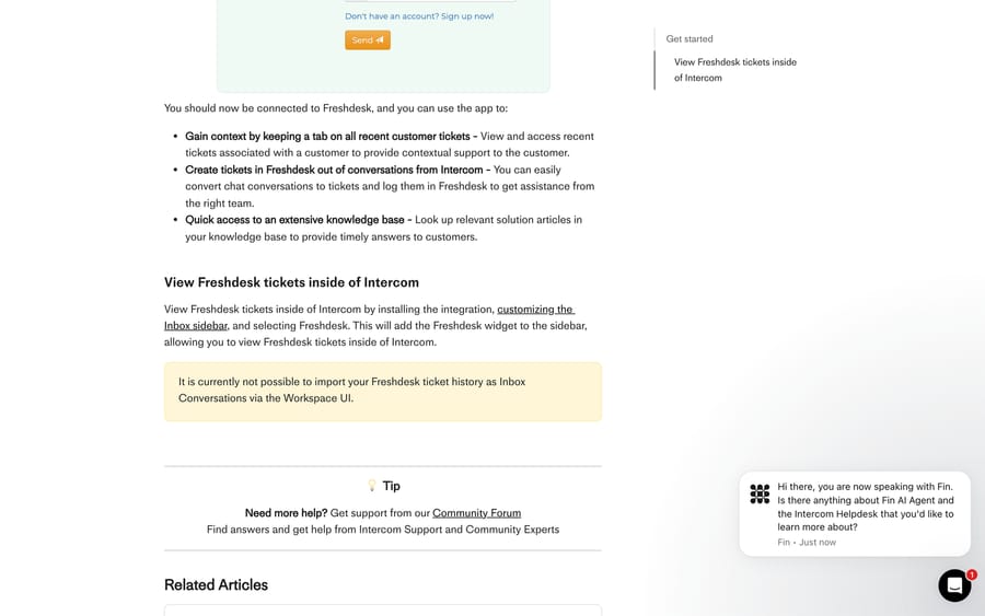 Intercom's Freshdesk app doc: Freshdesk ticket history can't be imported as Inbox Conversations