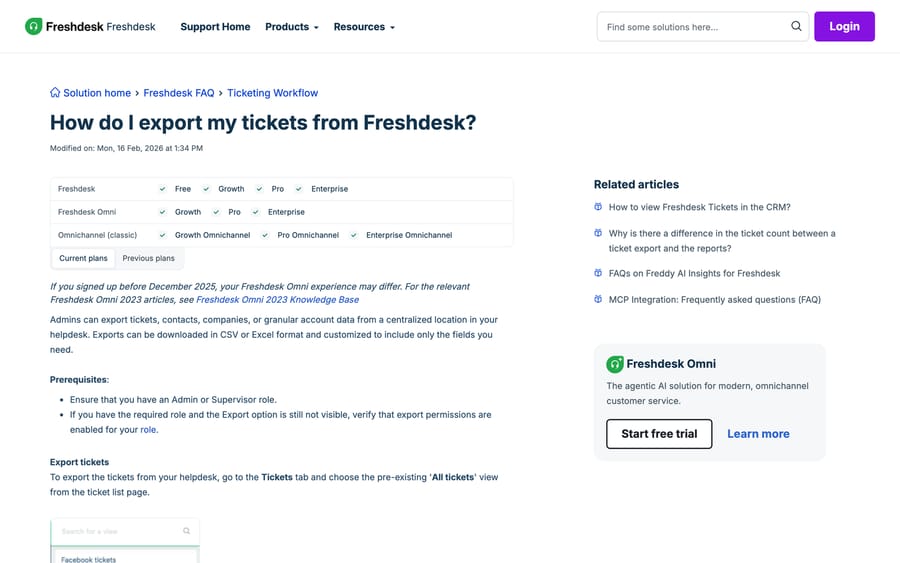 Freshdesk's ticket export documentation showing the Admin or Supervisor role prerequisite and the All tickets view step