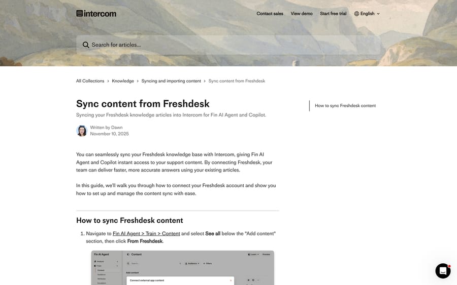 Intercom's "Sync content from Freshdesk" help article, dated November 10 2025