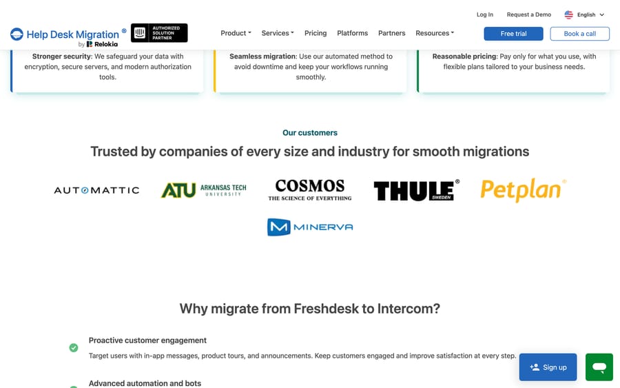 Help Desk Migration's Freshdesk to Intercom page, showing named customers and its migration rationale