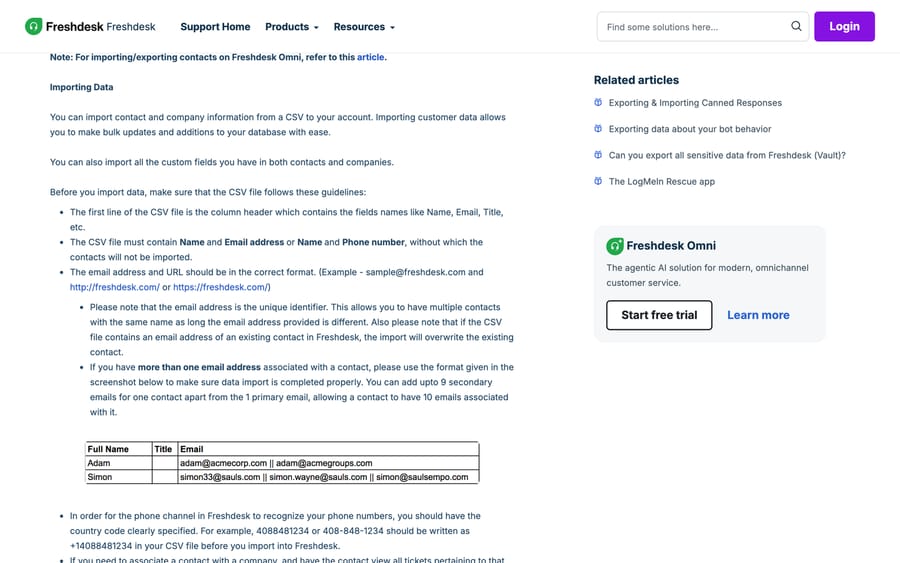 Freshdesk's contact import documentation showing the CSV rules, including that the email address is the unique identifier