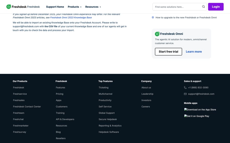 Freshdesk's knowledge base import article, which routes the import through support@freshdesk.com