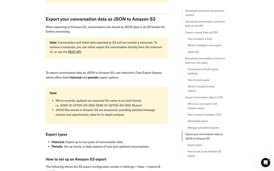 Intercom's Amazon S3 export documentation showing the historical and periodic export types