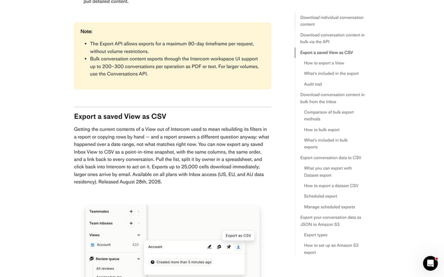 Intercom's export documentation showing the 90-day Export API window and the 200-300 bulk export cap