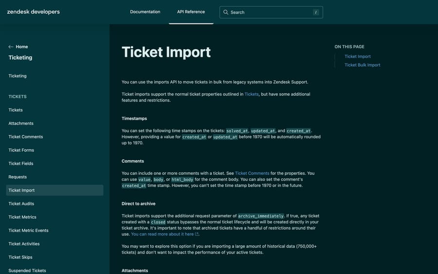 Zendesk's Ticket Import API reference showing the timestamp, comment and archive_immediately behavior
