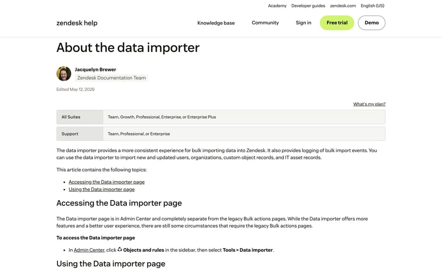 Zendesk's "About the data importer" help article showing the plan table and the Admin Center path