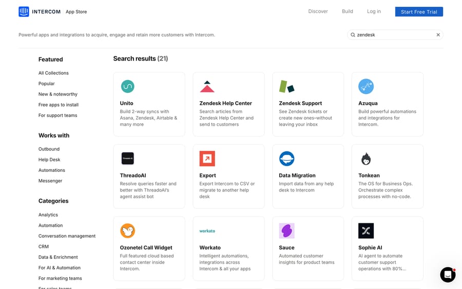 The Intercom App Store search for Zendesk, showing the Zendesk Support and Zendesk Help Center apps among 21 results