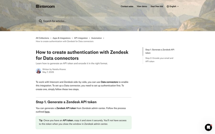 Intercom's guide to creating Zendesk authentication for Data connectors, showing the token and Base64 steps