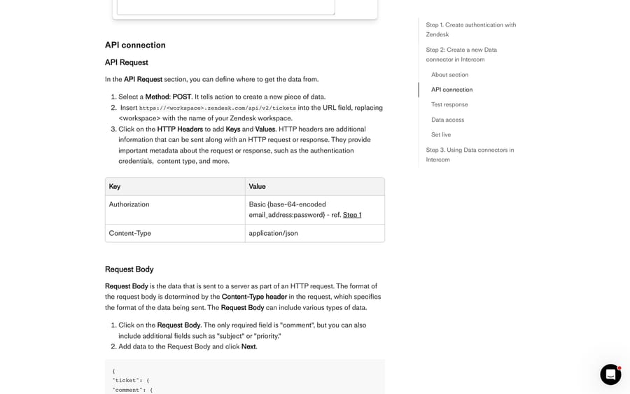 Intercom's Data connector documentation showing the POST method, the Zendesk tickets URL and the required headers