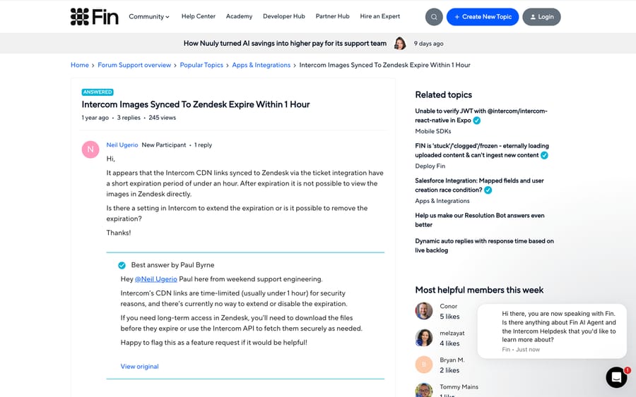 Intercom community thread confirming that Intercom CDN links synced into Zendesk expire in under an hour