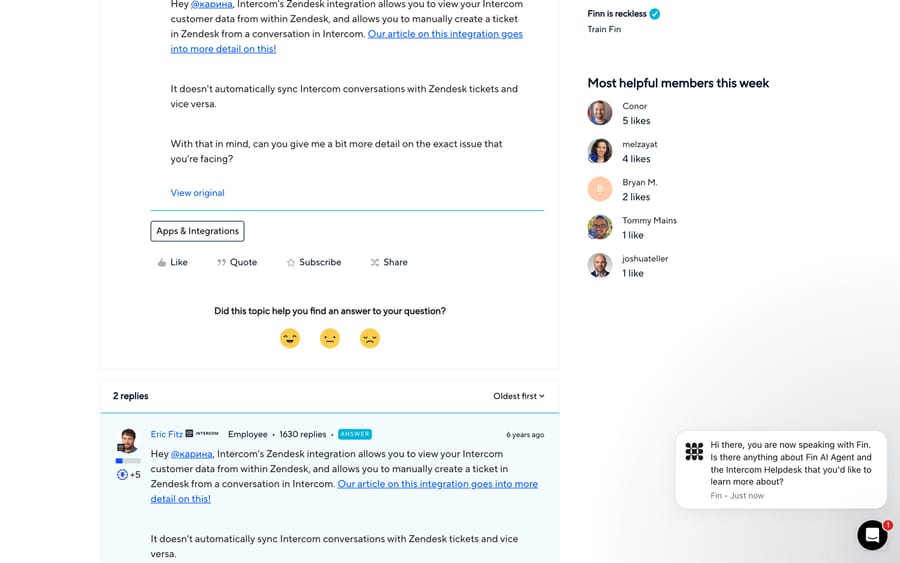 Intercom's support answer in the community confirming the Zendesk integration doesn't auto-sync conversations either way