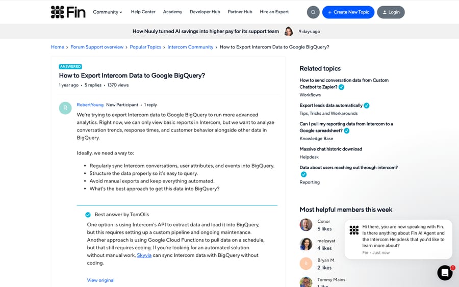 The Intercom community thread on exporting Intercom data to Google BigQuery, with 1,370 views