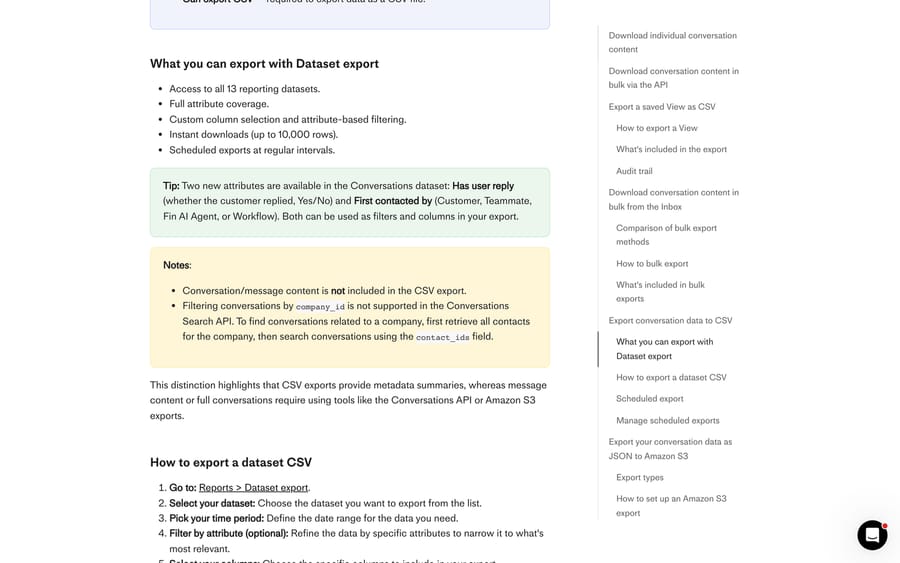 Intercom's Dataset export docs: 13 datasets, a 10,000-row instant limit, and no message content